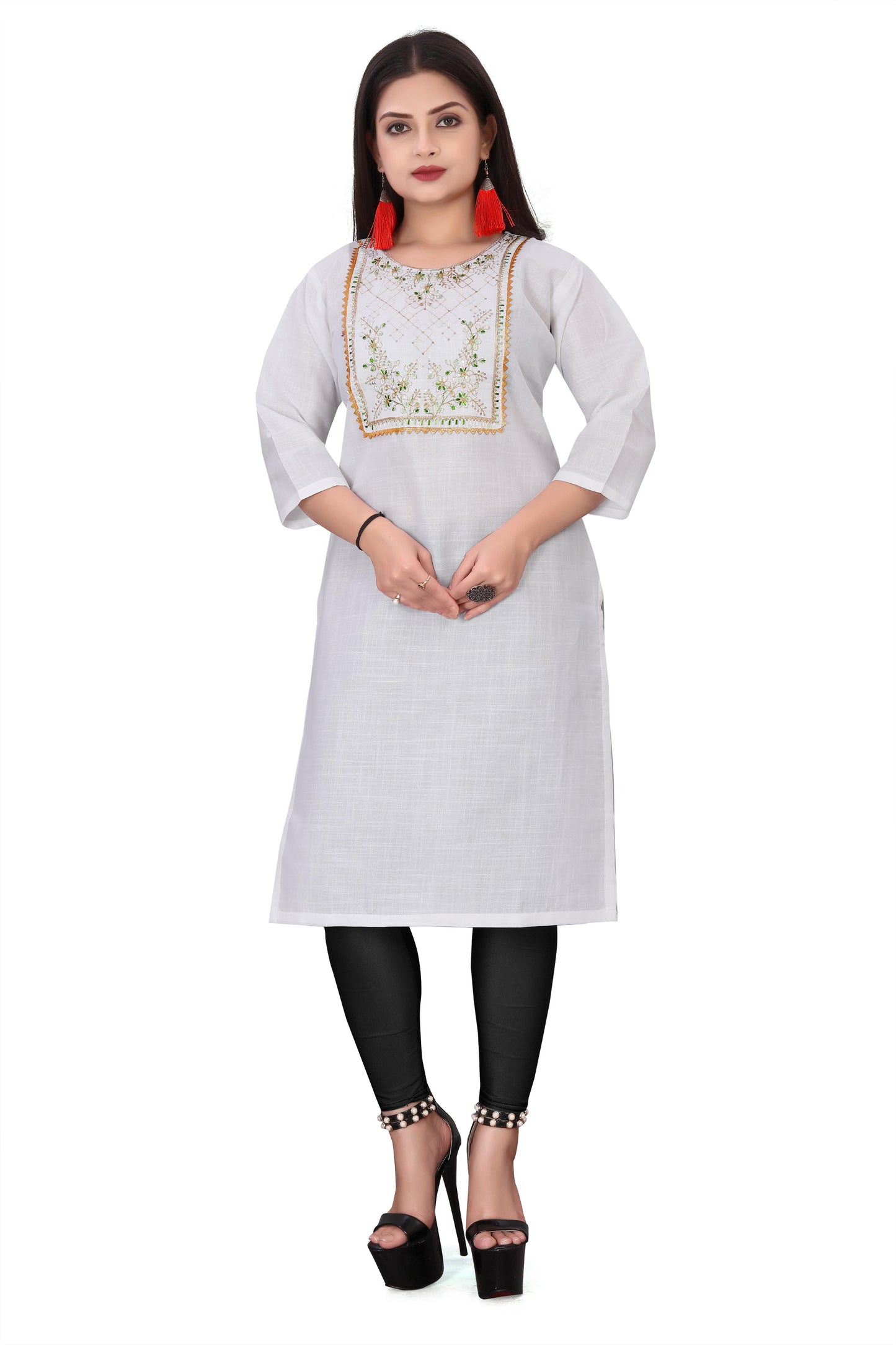 Atavia Elegant White Embroidered Cotton Slub Kurti – Festive & Casual Wear