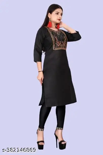 Atavia Elegant Black Embroidered Cotton Slub Kurti – Festive Wear